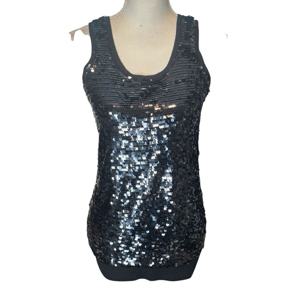 Michael Kors Black Sequined 100% Merino Wool Tank Top Sz XS Summer Sparkle